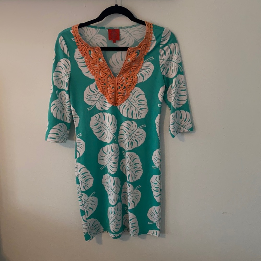 Tropical green and coral dress